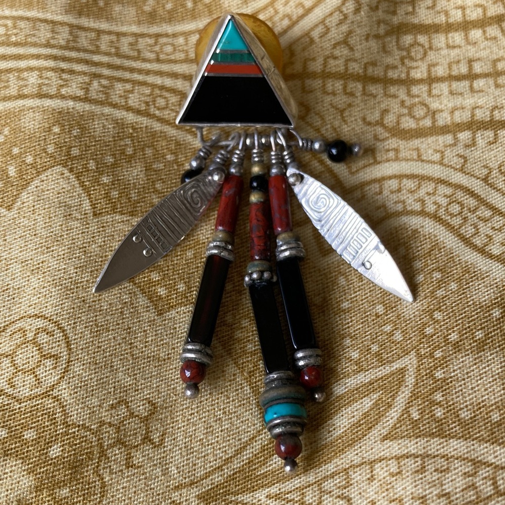 Vtg 90’s Tabra Sterling Silver, Turquoise, Coral, Onyx Dangle Earrings, Signed - Picture 5 of 8